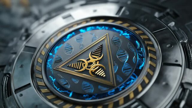 A blue and gold circle with a triangle on it. The triangle is yellow. Metallic shield with engraved DNA pattern and biohazard icon,biosecurity, futuristic security concept