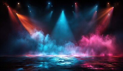 Stage bathed in vibrant colored light, with atmospheric fog and a reflective surface creating depth. Stage is dark with colorful lights