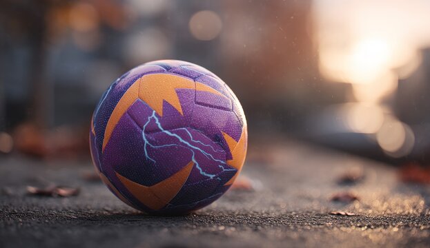 A close-up of a patterned soccer ball on pavement, with a soft focus background of a city and sunset - Powered by Adobe