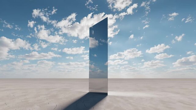 Rectangular polished stainless mirror column in environment under a bright clear sky. Drone filming