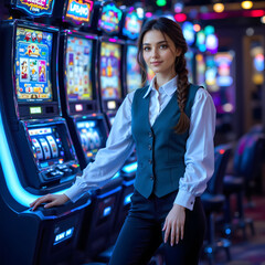 Attractive Woman Casino Dealer Standing Near Slot Machines With Blue Lights