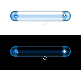 A glossy blue search bar with a liquid glass effect. 