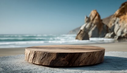 Fototapeta premium Wooden platform on a concrete base, with a blurred coastal background of ocean and cliffs under a clear sky