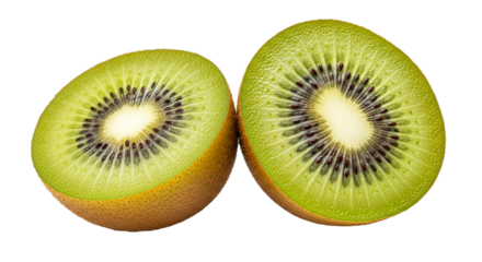 Two halves of a kiwi fruit with green flesh and black seeds in close up view