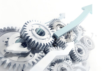 Interlocking gears with upward trending arrows symbolizing business growth and mechanical progress