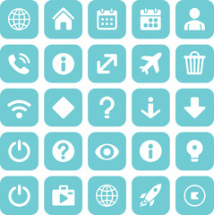 UI Icon Set White Symbols on Rounded Turquoise Squares, Globe, Home, Calendar