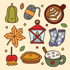 Cute hand-drawn autumn doodle set in kawaii style, perfect for cozy seasonal stickers, cards, and digital projects.