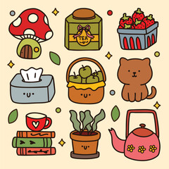 Cute hand-drawn autumn doodle set in kawaii style, perfect for cozy seasonal stickers, cards, and digital projects.