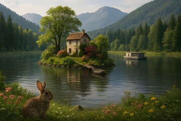 Trauminsel in M&auml;rchenlandschaft bei einem Waldsee mit Hausboot