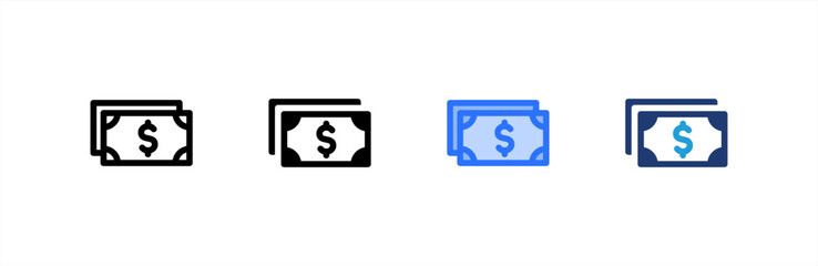 Banknote icon set multiple style collection. Vector illustration.