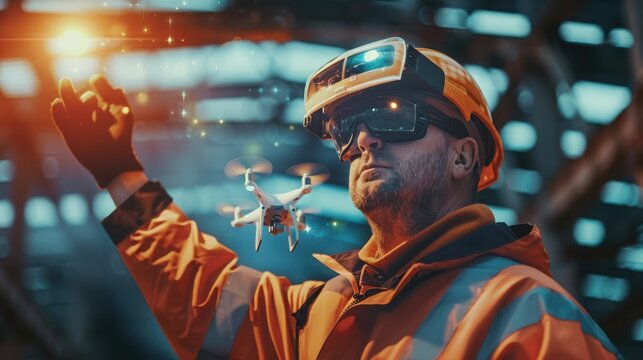 Worker uses virtual reality headset while controlling drone in modern warehouse setting