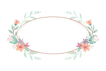 Oval frame decorated with watercolor flowers and leaves in pastel colors on a white background