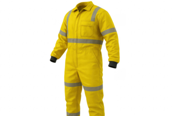 Yellow workwear jumpsuit with reflective stripes on transparent background