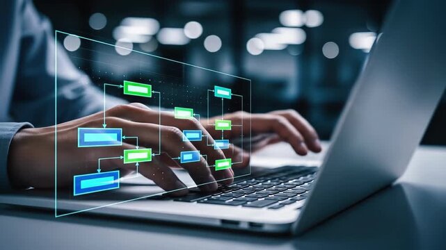 Hands type on a laptop keyboard Digital data streams overlay the screen and hands suggesting innovation connectivity and efficient workflow Futuristic technology concept - Powered by Adobe
