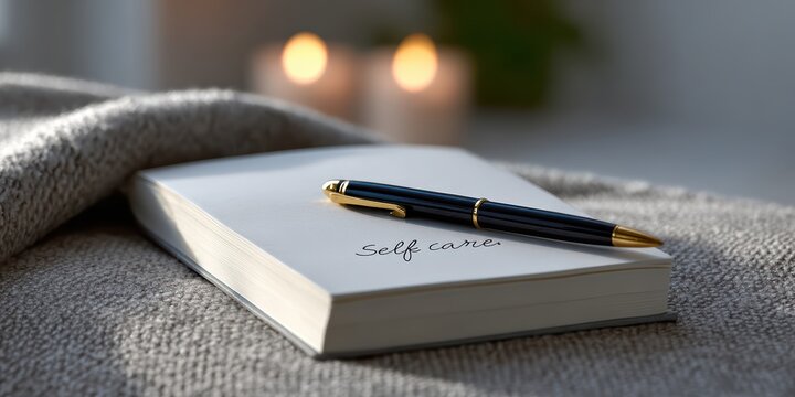 journaling for self-care, in foreground, a neatly placed pen beside an open notebook, elegantly hand-lettered self-care softly lit cozy background