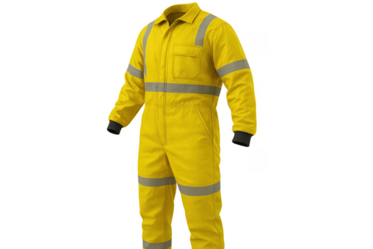 Yellow workwear jumpsuit with reflective stripes on transparent background