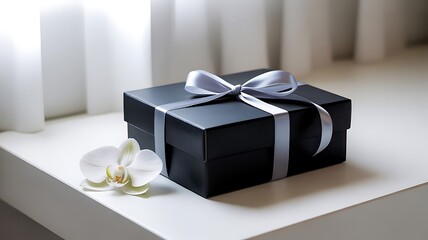Elegant black gift box tied with silver ribbon next to white orchid