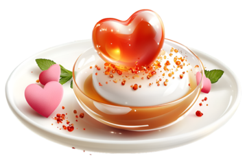 Romantic dessert with heart shaped caramel topping on panna cotta served on plate for valentine concept