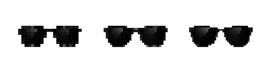 Four pixelated black sunglasses highlight retro style. simple design evokes classic game aesthetics.