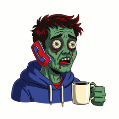 Tired zombie with bloodshot eyes talks on a vintage phone while holding a cup of coffee, looking exhausted.