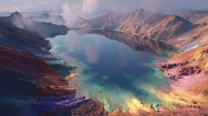 Fototapeta premium Serene mountain lake reflecting clouds, surrounded by vibrant, multicolored, rocky terrain