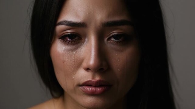 Emotional close-up of woman with tears in her eyes, dramatic cinematic portrait expressing grief and sorrow