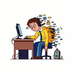 Exhausted businessman overwhelmed by digital information overload while working at his desk.