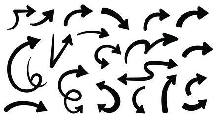 A collection of various black curved and straight arrows on a white background