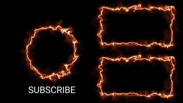 Animated End screen YouTube Dynamic YouTube outro template with fiery glowing frames for video previews and a circular flame frame for the channel icon, set on a black background with a white "Subscri