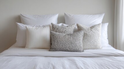 Obraz premium a bed with white pillows and a white blanket