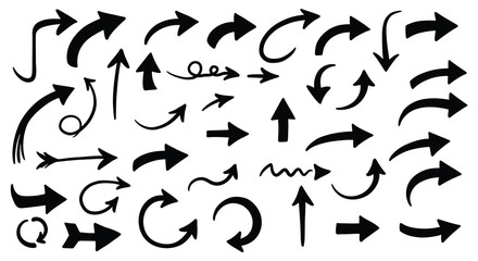 A collection of various black arrows on a white background