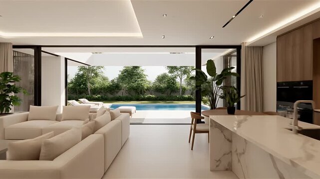 Bright, modern living room with a large sofa and open access to a pool and garden area.