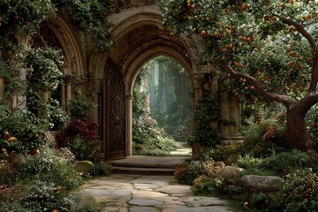 Stone archway leads to a sunlit, overgrown garden with lush foliage, blossoming flowers, and fruit trees