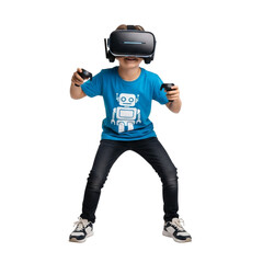 A young boy wearing a vr headset and holding controllers while standing against a black background space on transparent background