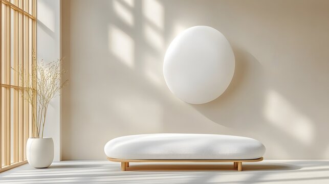 Minimalist Beige Room Interior Design with Oval Bench and Wall Decor
