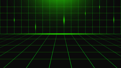 Futuristic Green Digital Grid Background with Glowing Neon Lines and Perspective Floor