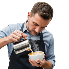 A barista pouring milk into a cup of coffee creating latte art with a black background behind him now on transparent background