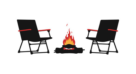 Two black folding chairs facing a small campfire in the middle
