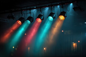 A row of stage lights illuminate a dark space with vibrant beams of colored light, creating an atmospheric ambiance