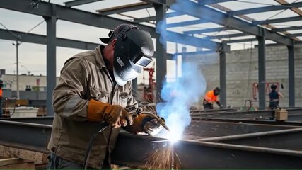 Welder in protective gear working on metal beams at a construction site - Powered by Adobe