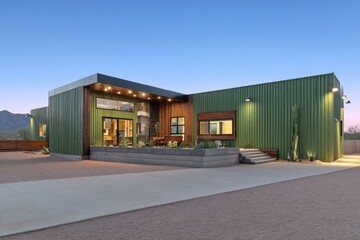 Fototapeta premium Modern green architectural design blends seamlessly with desert landscape at sunset in this stunning residential construction