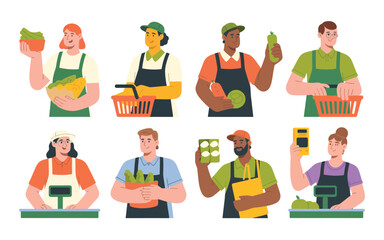 Diverse grocery store employees holding fresh produce and products