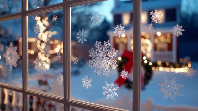 Snowflakes stickers decorating window glass with out of focus christmas decorated house in the background creating cozy and festive atmosphere