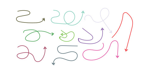 Collection of colorful hand drawn arrows pointing in different directions on a transparent background