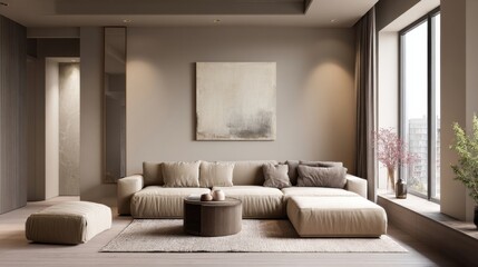 Fototapeta premium a living room with a couch and a table