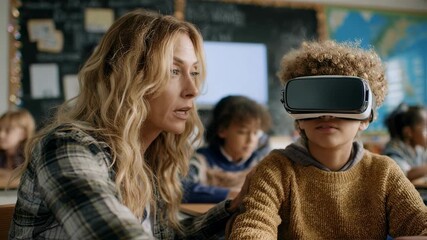 Medium shot portrait of a teacher guiding a student using VR headset capturing dynamic interaction amid gently outoffocus digital classroom visuals. - Powered by Adobe