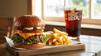 Gourmet Cheeseburger with French Fries and Root Beer on Wooden Table