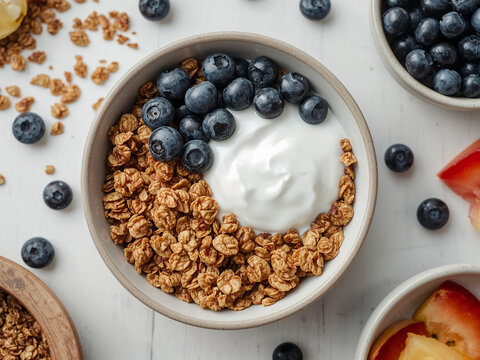 Overhead View of Granola and Yogurt Bowl with Blueberries Keywords: granola, yogurt, blueberries