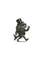Fototapeta premium Vintage Engraving Illustration of Anthropomorphic Fish Character Dressed in Suit, Sunglasses, and Top Hat Walking in Surreal Comic Style
