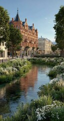 Obraz premium Picturesque canal running through a European town. Lush greenery, charming buildings, and a calm reflective water's edge